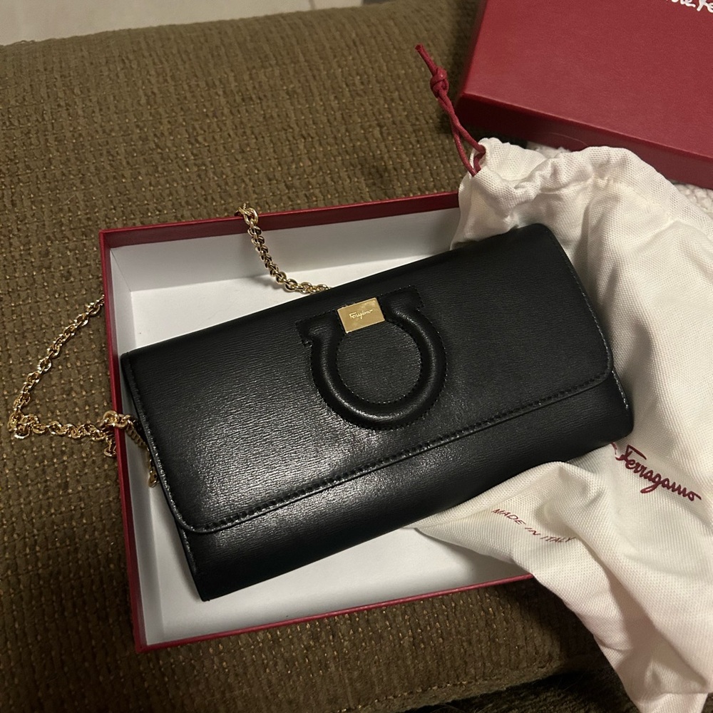 MINT AUTHENTIC Salvatore Ferragamo Black Clutch with Gold Chain